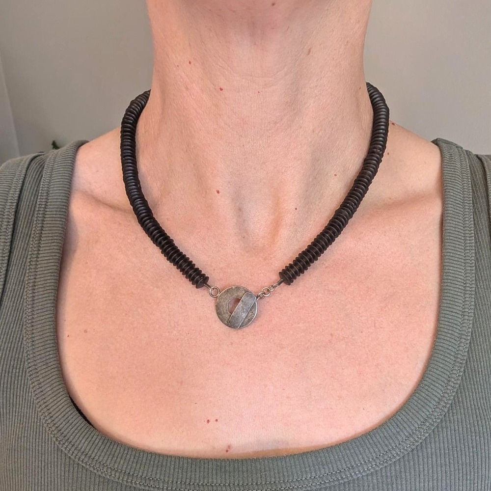 Vintage Artisan Genuine Carved Smoky Quartz Heishe Choker Necklace Toggle Clasp